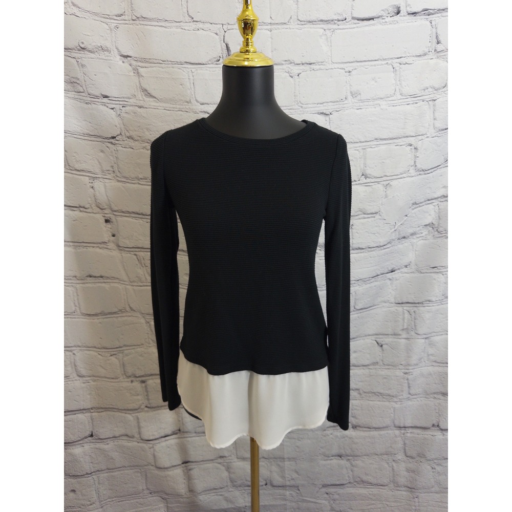 White House Black Market Layered Top Women XS Black White Ribbed Blouse